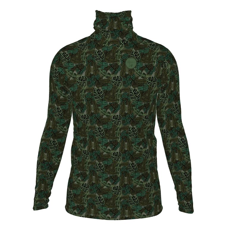 Men’s High-Roll Turtleneck - Camo Leaves - Dark Green