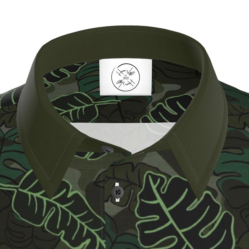 Men's Button-Up Dress Shirt - Camo Leaves - Dark Green