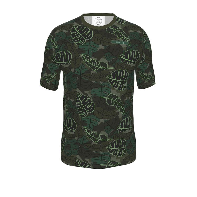 Men’s Athletic V-Neck T-Shirt - Camo Leaves - Dark Green