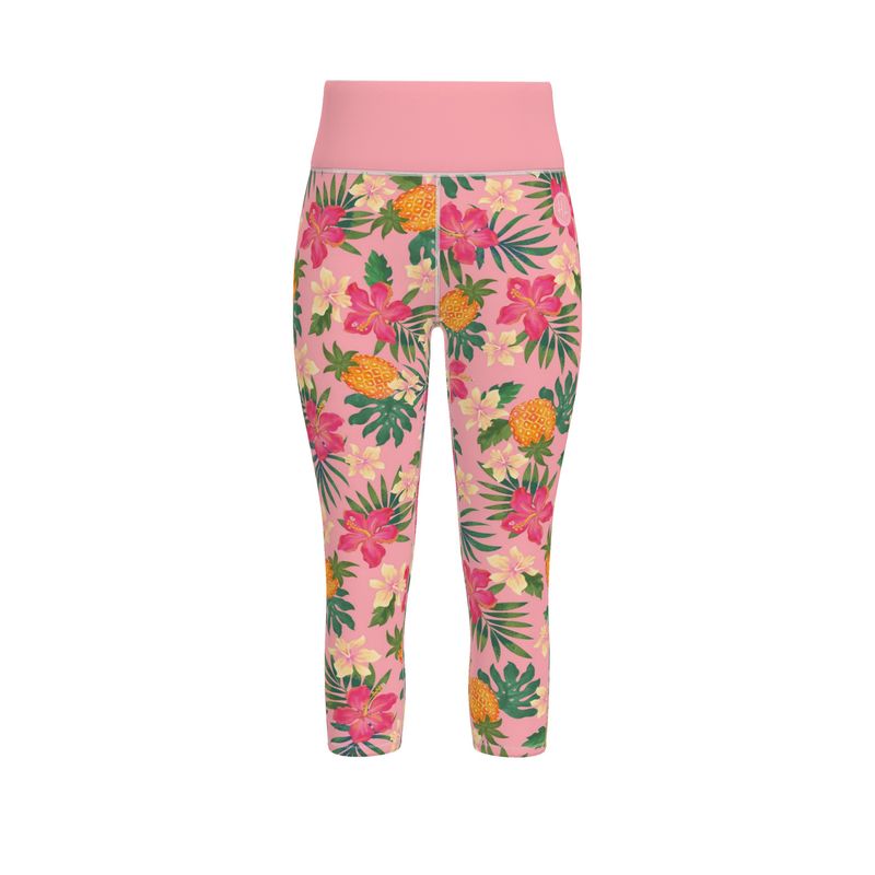 Women’s High-Waist Sports Leggings - Pineapple Paradise - Hibiscus Blush