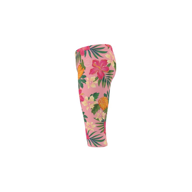 Women’s Mid-Rise ¾ Length Leggings - Pineapple Paradise - Hibiscus Blush