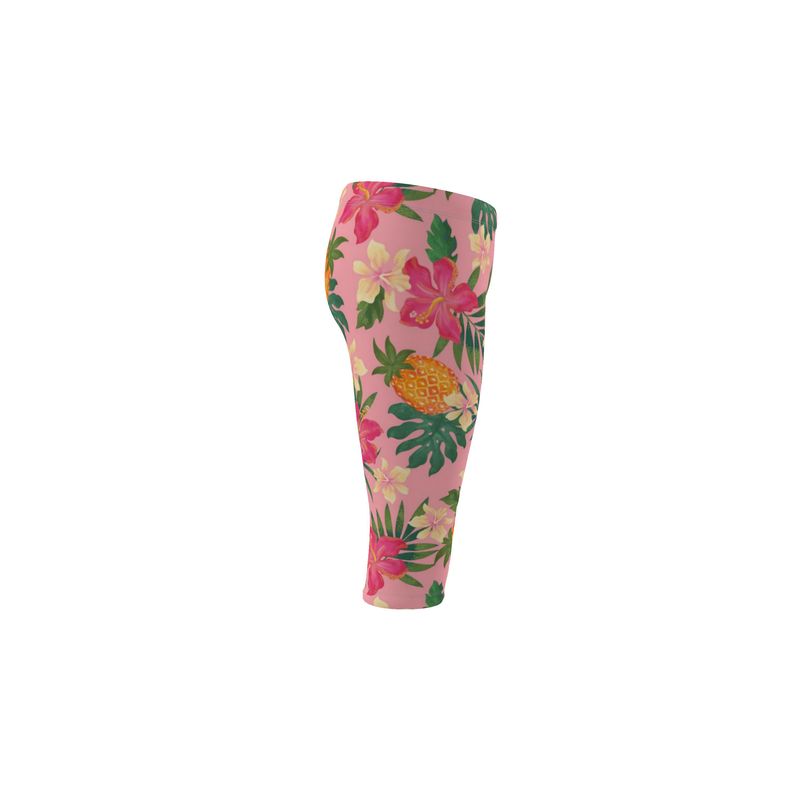 Women’s Mid-Rise ¾ Length Leggings - Pineapple Paradise - Hibiscus Blush