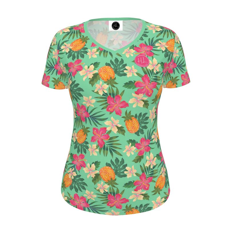 Women's Athletic V-Neck T-Shirt - Slim Fit - Pineapple Paradise - Canopy Mint