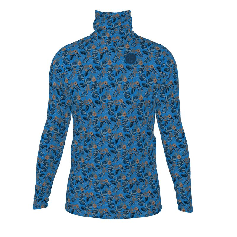 Men's High-Roll Turtleneck - Slim-Fit - Midnight Monstera - Azure Blue