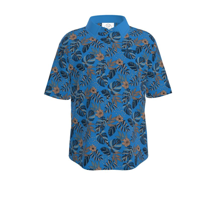 Men's Button-Up Dress T-Shirt - Midnight Monstera - Azure Blue