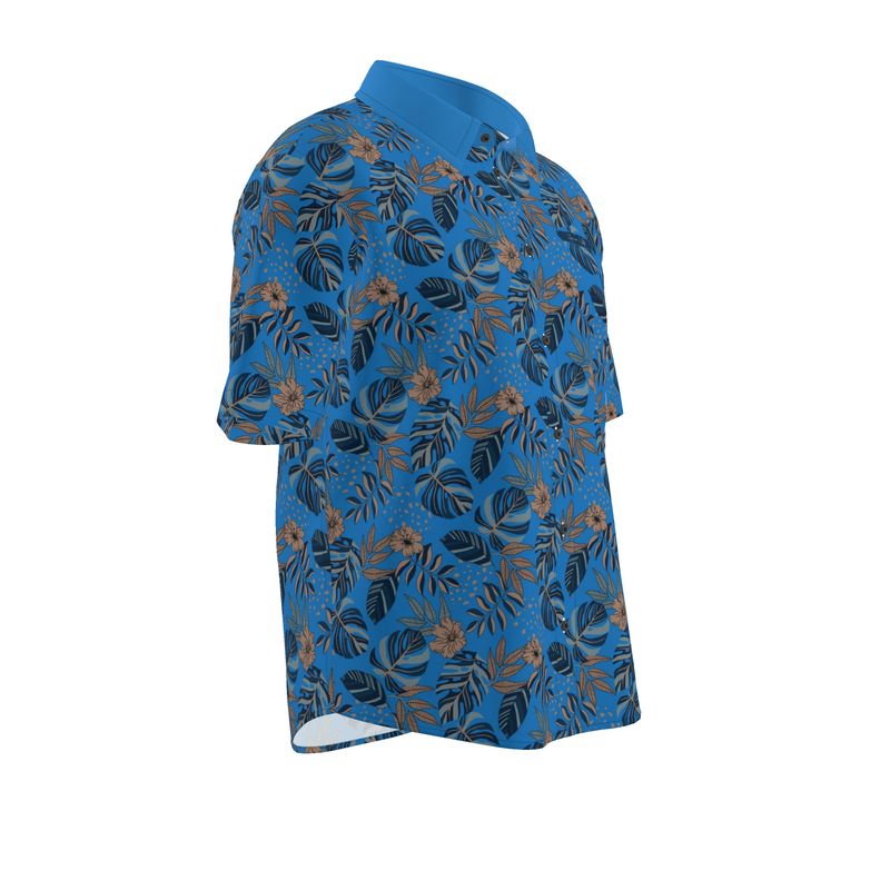 Men's Button-Up Dress T-Shirt - Midnight Monstera - Azure Blue