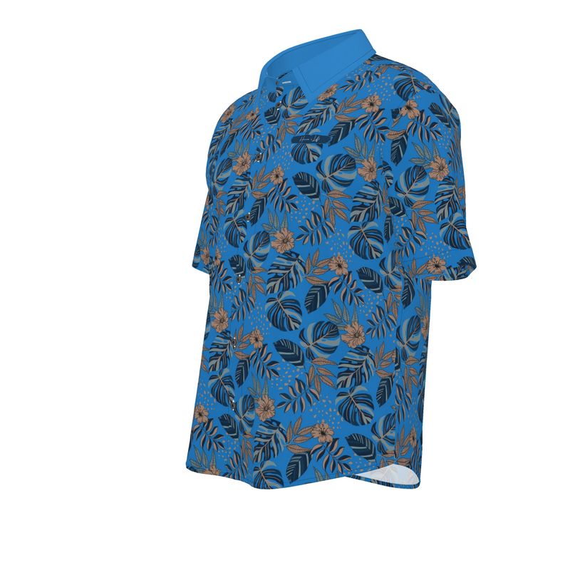 Men's Button-Up Dress T-Shirt - Midnight Monstera - Azure Blue