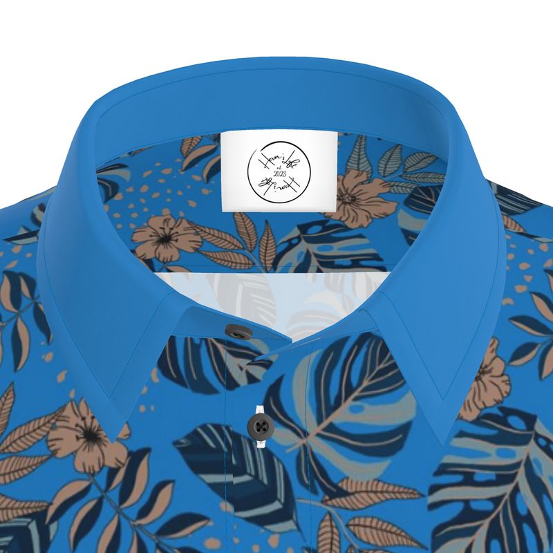 Men's Button-Up Dress T-Shirt - Midnight Monstera - Azure Blue