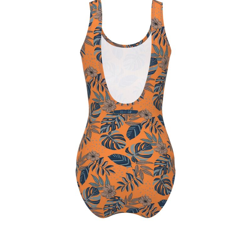 Women's One-Piece Swimsuit - Midnight Monstera - Cadmium Orange