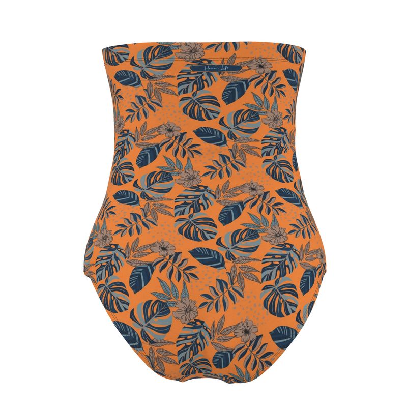 Women's Strapless Swimsuit - Midnight Monstera - Cadmium Orange