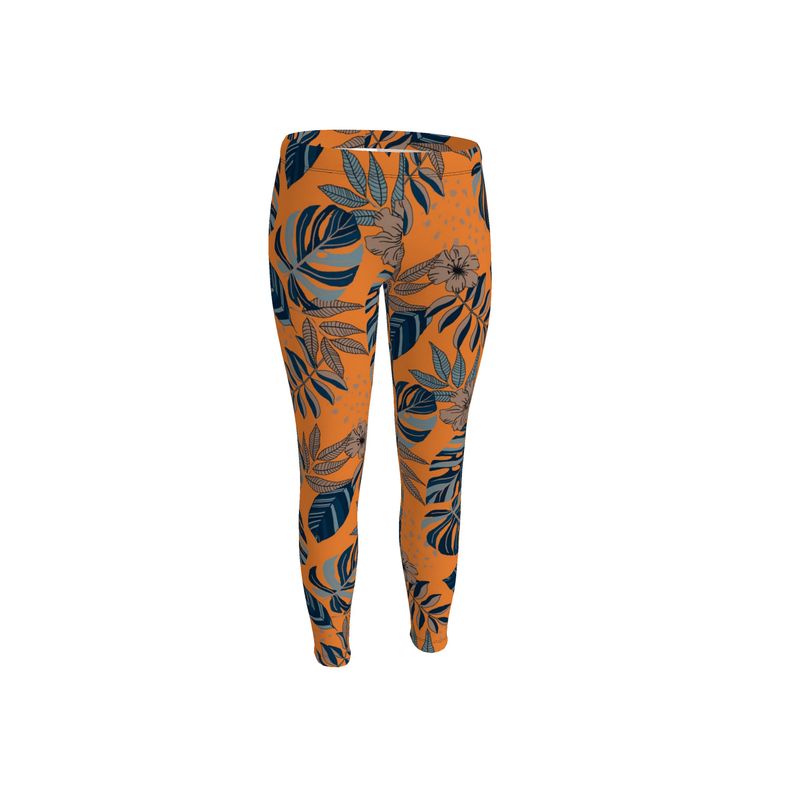 Women's Mid-Rise Full-Length Leggings - Midnight Monstera - Cadmium Orange