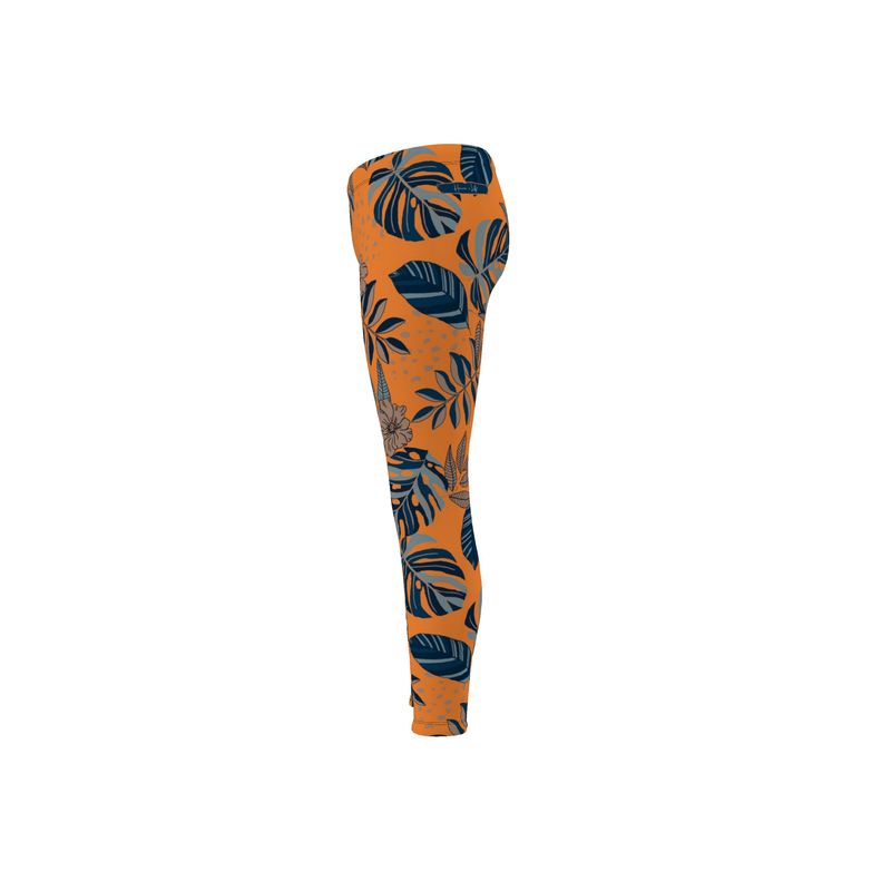 Women's Mid-Rise Full-Length Leggings - Midnight Monstera - Cadmium Orange