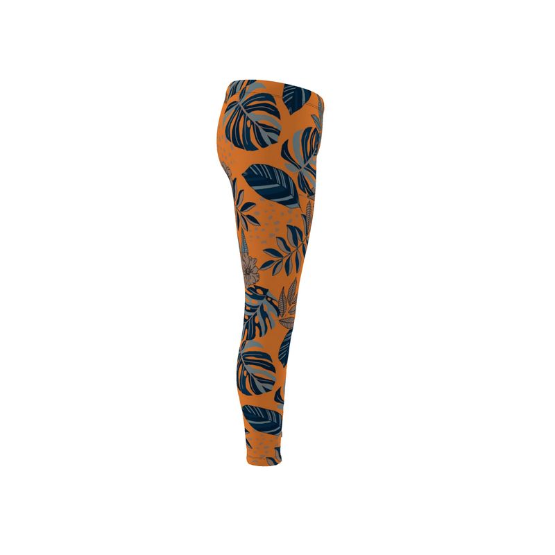 Women's Mid-Rise Full-Length Leggings - Midnight Monstera - Cadmium Orange