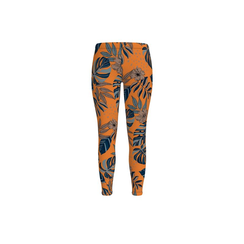 Women's Mid-Rise Full-Length Leggings - Midnight Monstera - Cadmium Orange