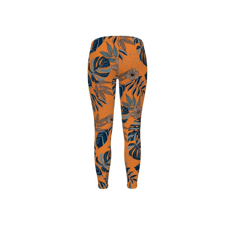 Women's Mid-Rise Full-Length Leggings - Midnight Monstera - Cadmium Orange