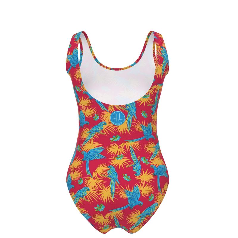 Women's One-Piece Swimsuit - Tropical Macaw - Raspberry Red