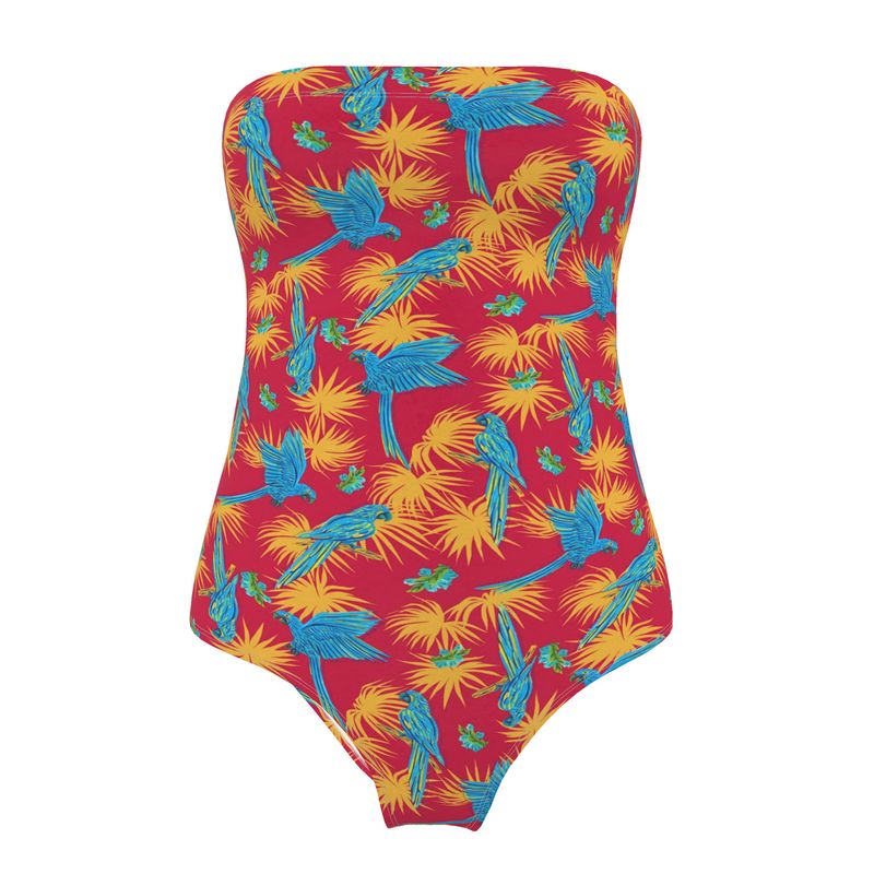 Women's Strapless Swimsuit - Tropical Macaw - Raspberry Red