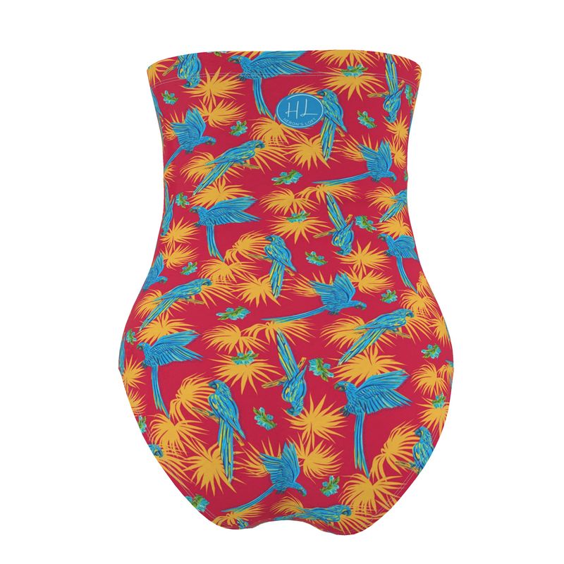 Women's Strapless Swimsuit - Tropical Macaw - Raspberry Red