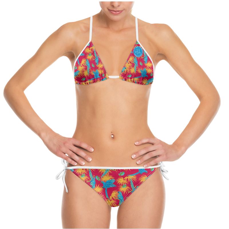 Women's String Bikini - Tropical Macaw - Raspberry Red