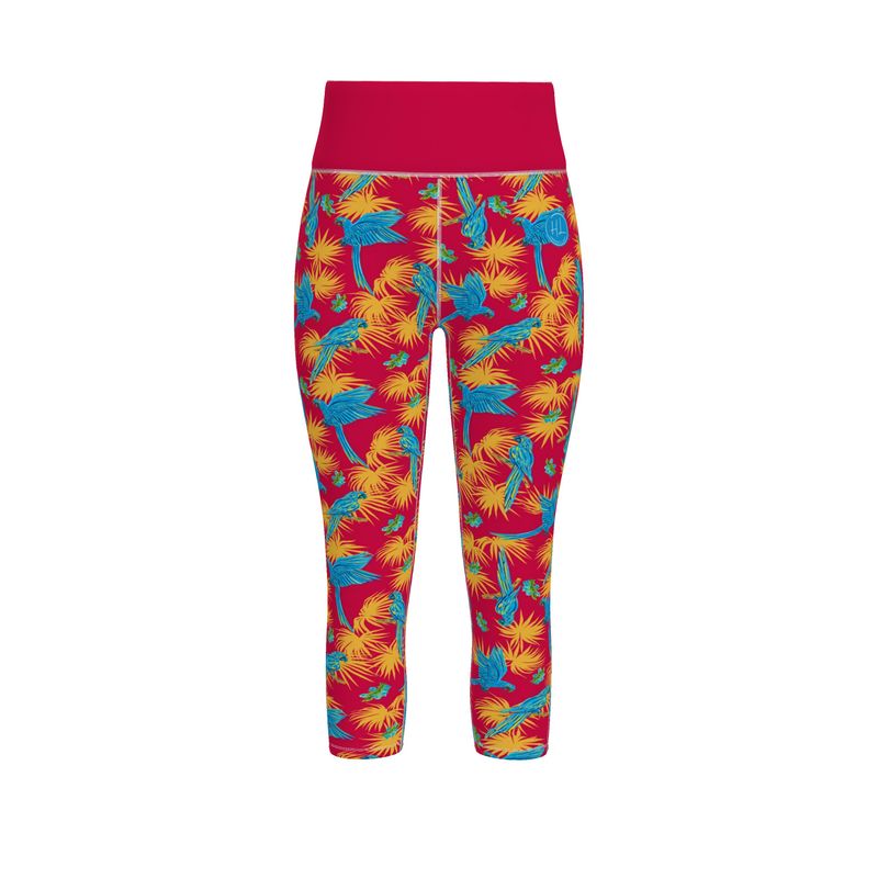 Women's High-Waist Sports Leggings -Tropical Macaw - Raspberry Red