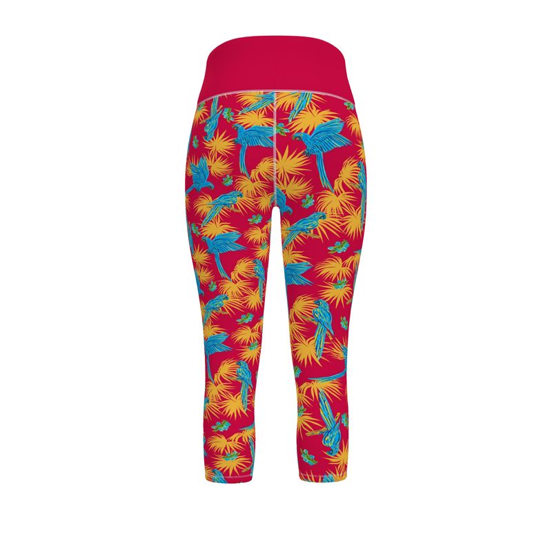Women's High-Waist Sports Leggings -Tropical Macaw - Raspberry Red