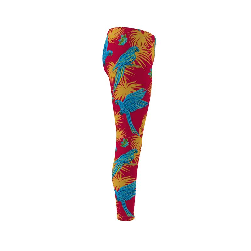 Women's Mid-Rise Full-Length Leggings - Tropical Macaw - Raspberry Red