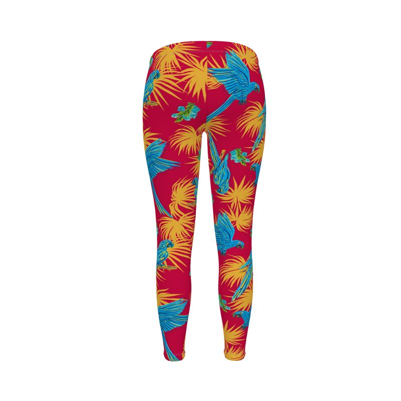 Women's Mid-Rise Full-Length Leggings - Tropical Macaw - Raspberry Red