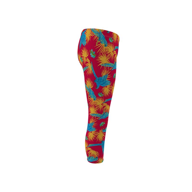Women's Mid-Rise Capri Leggings - Tropical Macaw - Raspberry Red