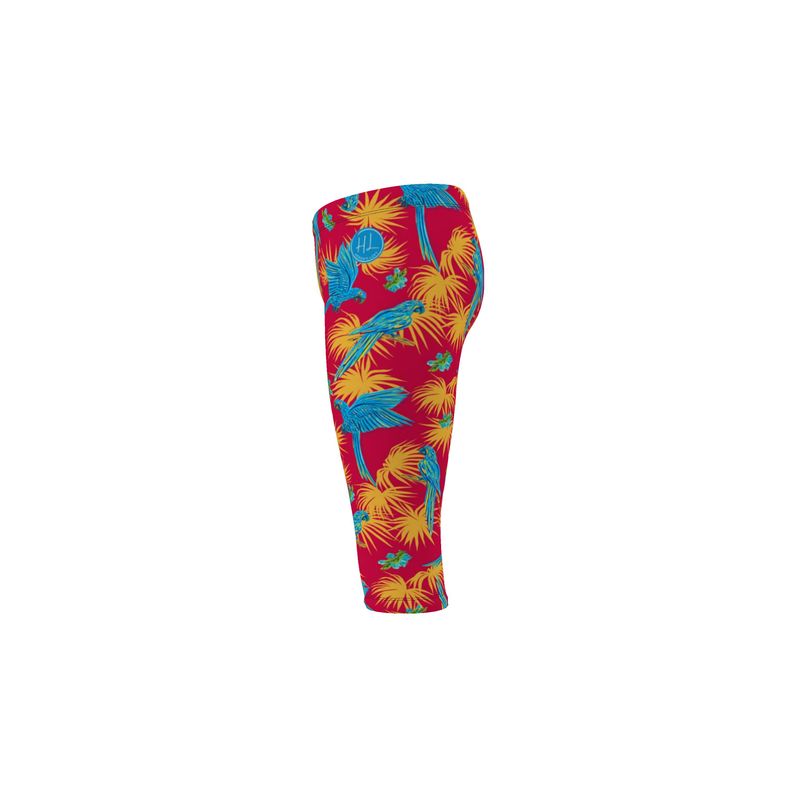 Women's Mid-Rise 3/4 Length Leggings - Tropical Macaw - Raspberry Red