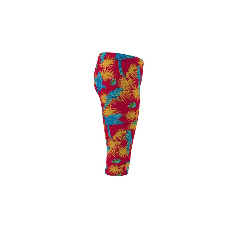 Women's Mid-Rise 3/4 Length Leggings - Tropical Macaw - Raspberry Red