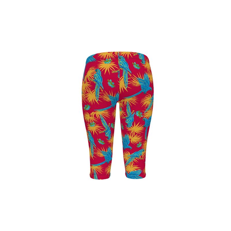 Women's Mid-Rise 3/4 Length Leggings - Tropical Macaw - Raspberry Red