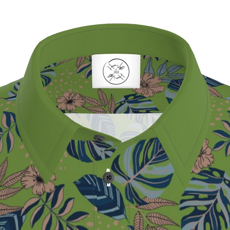 Men's Button-Up Dress Shirt - Midnight Monstera - Olive Green