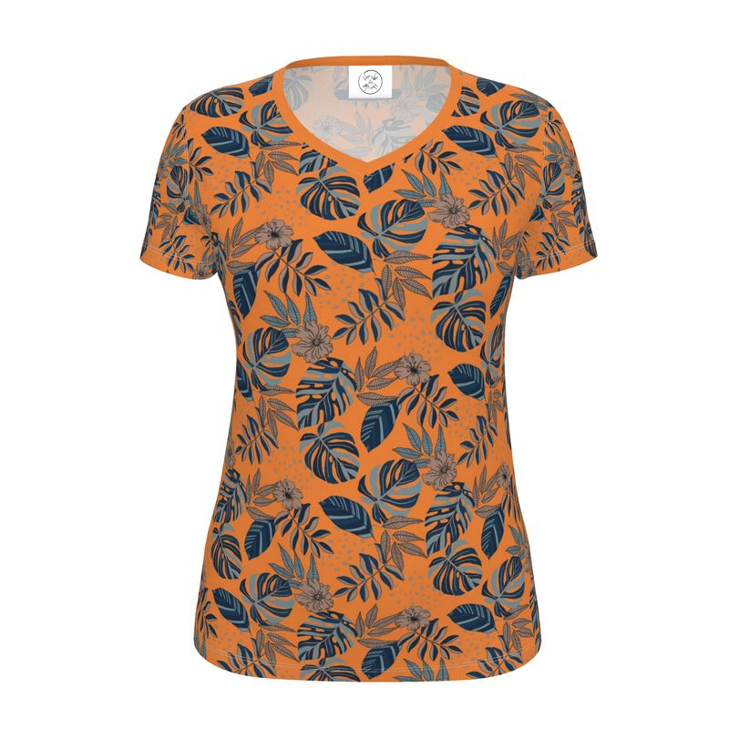 Women's Athletic V-Neck T-Shirt - Midnight Monstera - Cadmium Orange