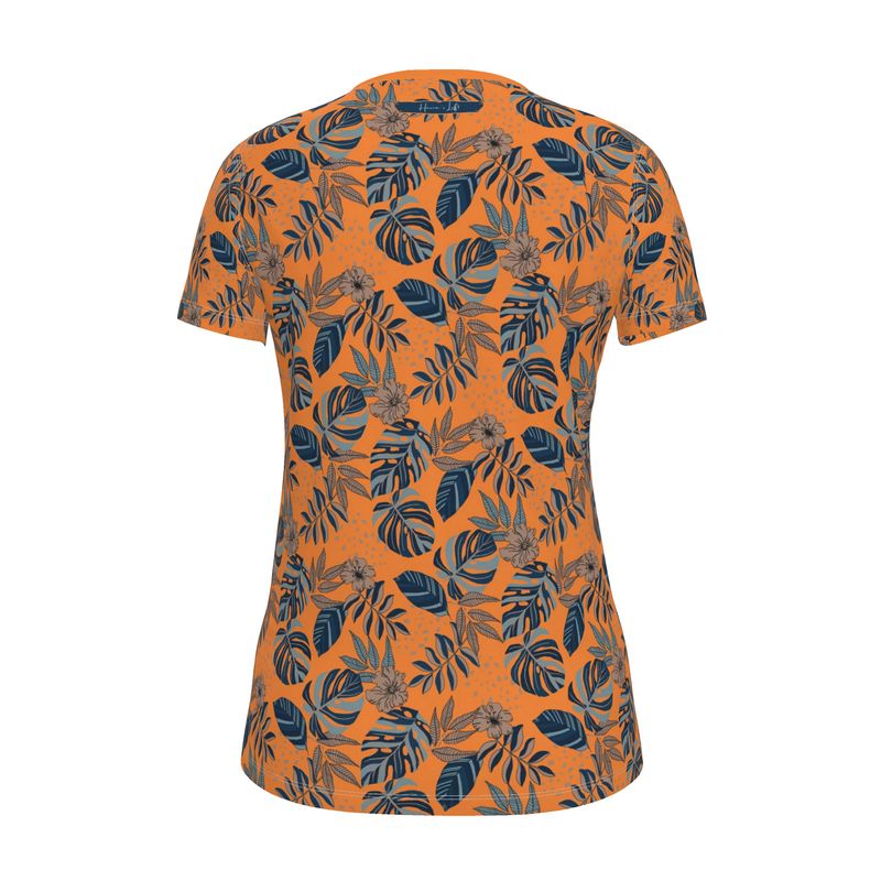 Women's Athletic V-Neck T-Shirt - Midnight Monstera - Cadmium Orange