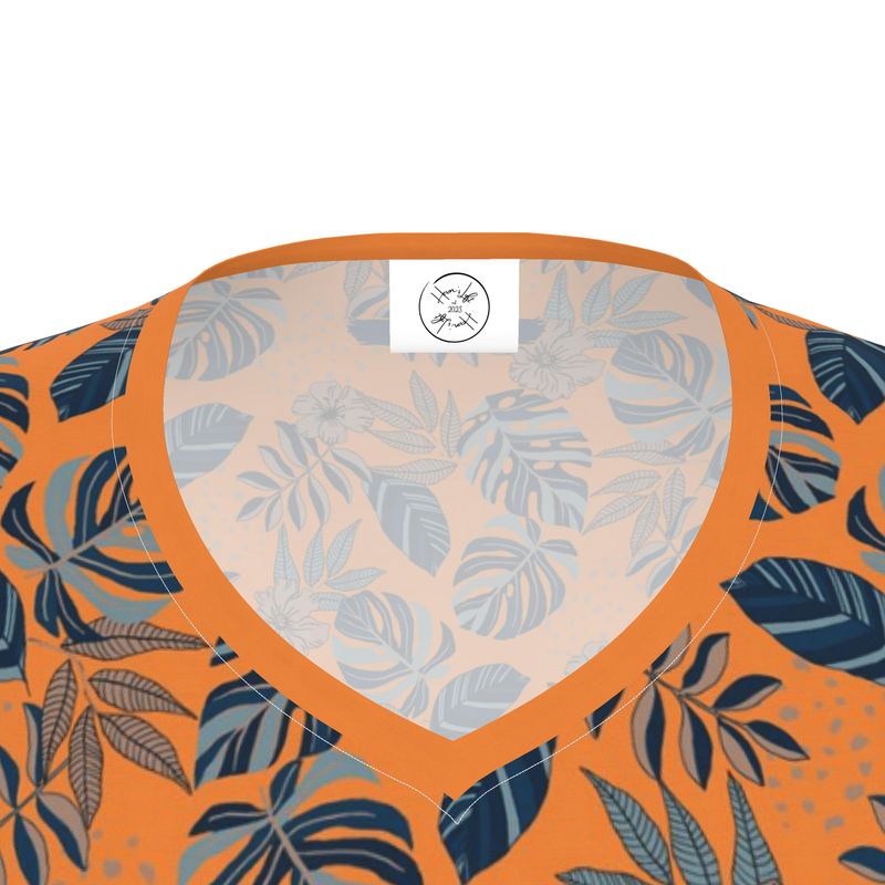 Women's Athletic V-Neck T-Shirt - Midnight Monstera - Cadmium Orange