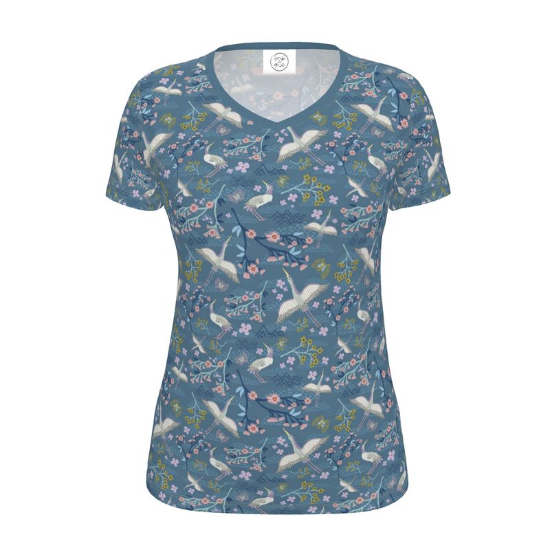 Women's Athletic V-Neck T-Shirt - White Crane