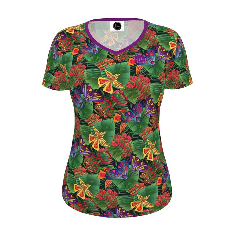 Women's Athletic V-Neck T-Shirt - Jungle Flower
