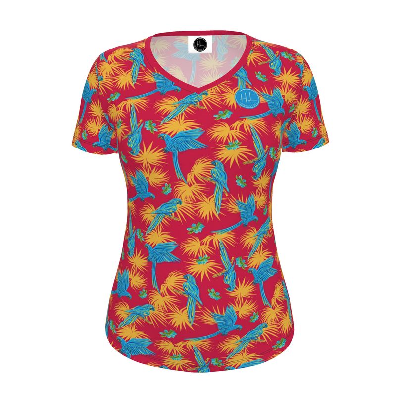 Women's Athletic V-Neck T-Shirt - Tropical Macaw - Raspberry Red