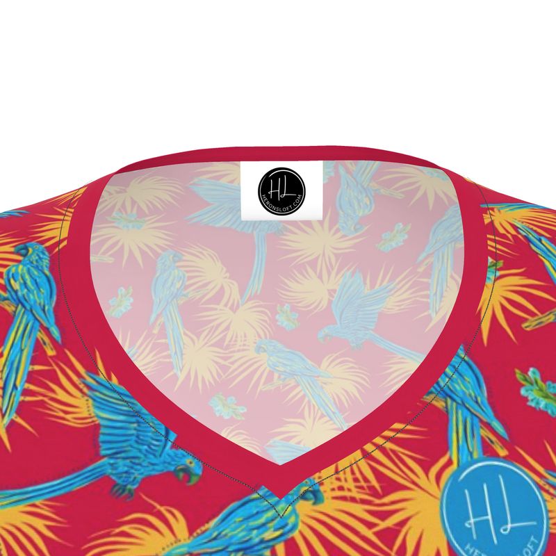 Women's Athletic V-Neck T-Shirt - Tropical Macaw - Raspberry Red
