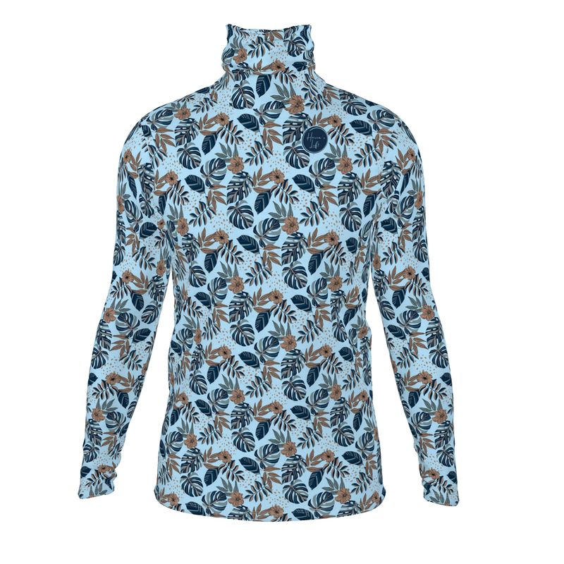 Men's High-Roll Turtleneck - Midnight Monstera - Sky Blue