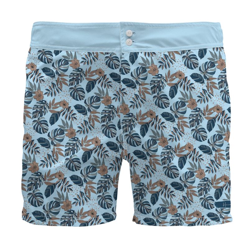 Men's Board Shorts - Midnight Monstera - Sky Blue