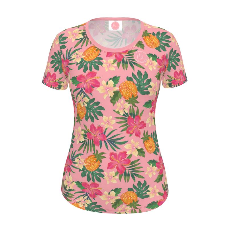Women's Athletic Crew Neck T-Shirt - Pineapple Paradise - Hibiscus Blush