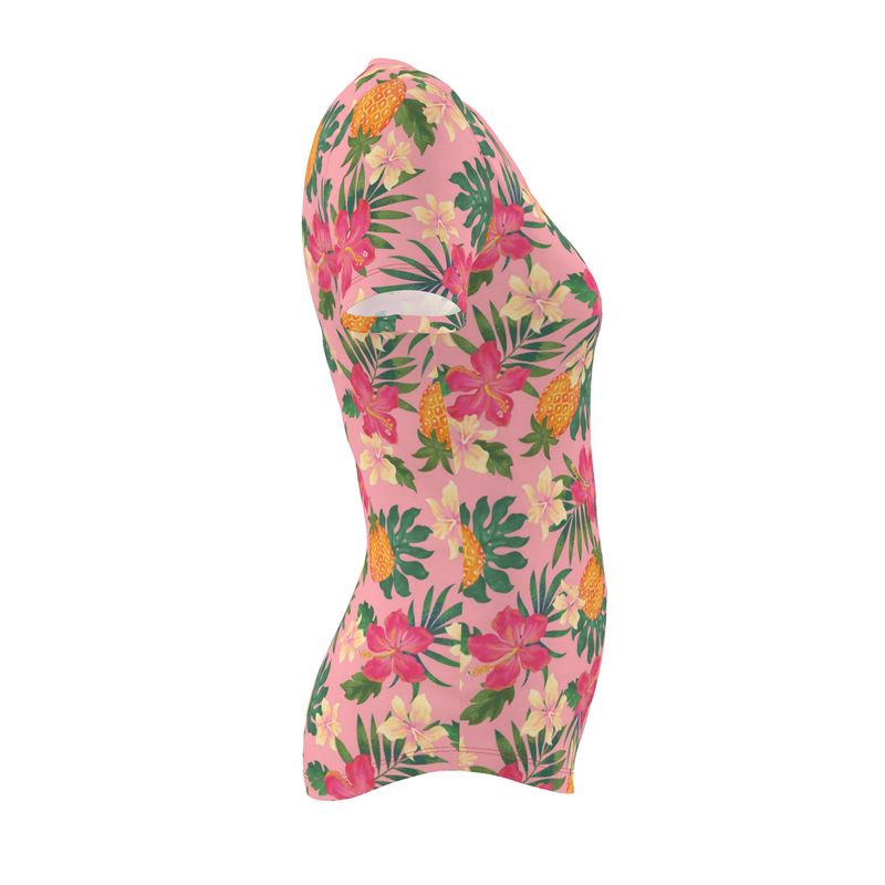 Women's Athletic Crew Neck T-Shirt - Pineapple Paradise - Hibiscus Blush