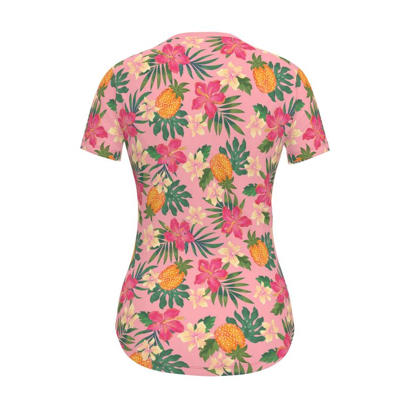 Women's Athletic Crew Neck T-Shirt - Pineapple Paradise - Hibiscus Blush