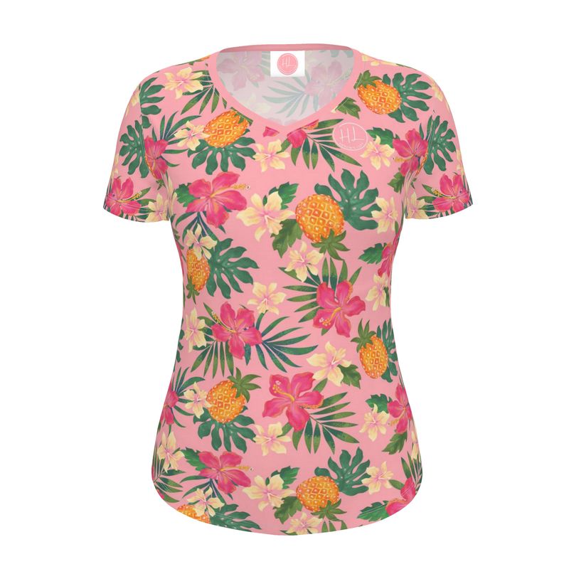 Women's Athletic V-Neck T-Shirt - Pineapple Paradise - Hibiscus Blush