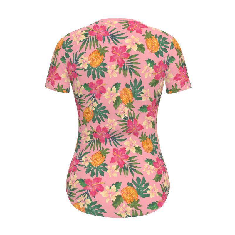 Women's Athletic V-Neck T-Shirt - Pineapple Paradise - Hibiscus Blush