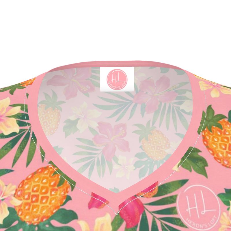 Women's Athletic V-Neck T-Shirt - Pineapple Paradise - Hibiscus Blush