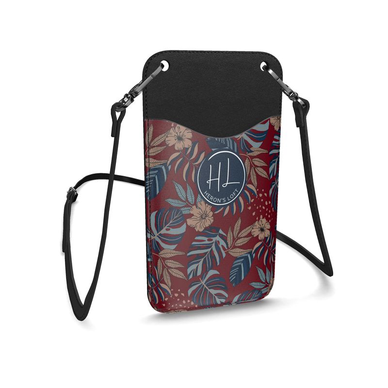 Phone Holder - Nappa Leather - Midnight Monstera - Crimson Nightfall