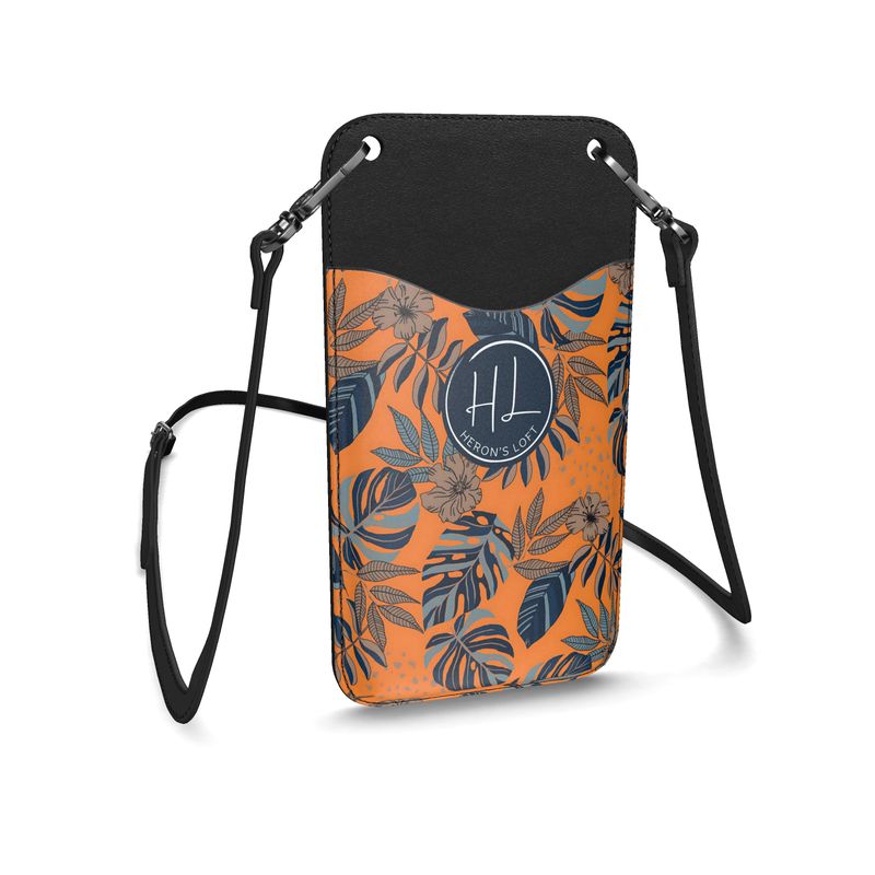 Phone Holder - Nappa Leather - Midnight Monstera - Cadmium Orange