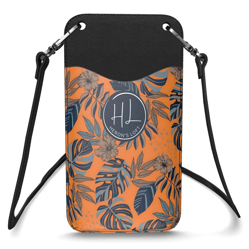 Phone Holder - Nappa Leather - Midnight Monstera - Cadmium Orange
